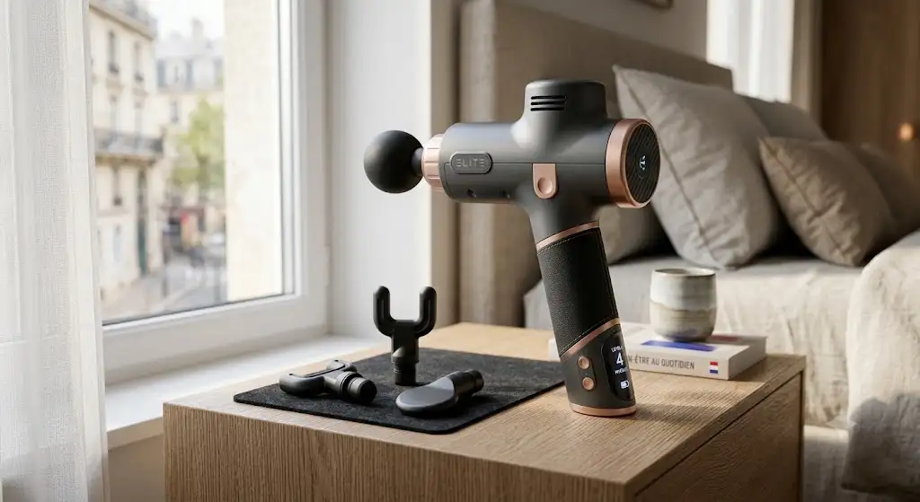 Illustration d'un pistolet de massage premium au design ergonomique avec finition haut de gamme.