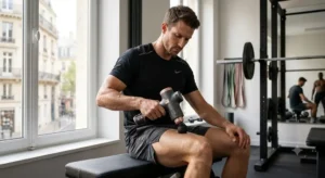 Un athlète utilisant un pistolet de massage premium pour la récupération musculaire après l'entraînement.