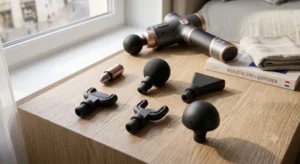 Les différents embouts de massage par percussion inclus avec un pistolet de massage premium.