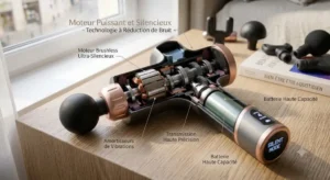 Schéma technique détaillant le moteur puissant et silencieux d'un pistolet de massage premium.
