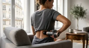Illustration d'un pistolet de massage premium ciblant les muscles du dos pour soulager la tension.