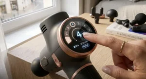 Gros plan sur l'écran tactile et les niveaux d'intensité d'un pistolet de massage premium.
