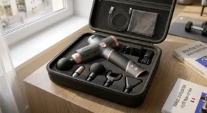 Pistolet de massage premium et ses accessoires rangés dans une mallette de transport rigide.