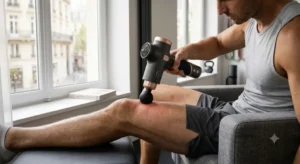 Utilisation d'un pistolet de massage premium sur les quadriceps pour stimuler la circulation sanguine.