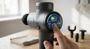 Zoom sur l'écran tactile et l'indicateur de batterie d'un pistolet de massage à petit prix
