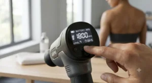 Écran tactile de réglage des vitesses et niveau de batterie d'un pistolet de massage.