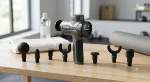 Différents embouts interchangeables fournis avec un pistolet de massage à moins de 200 euros. 