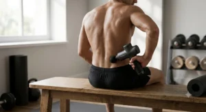 Auto-massage des lombaires et du dos avec un pistolet massant musculaire petit budget 

