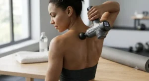 Soulagement des tensions dans le dos grâce à un pistolet de massage musculaire performant.