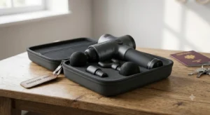 Pistolet de massage compact rangé dans sa mallette de transport rigide pour le voyage 

