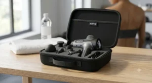 Mallette de transport compacte avec pistolet de massage et accessoires pour voyager facilement. 