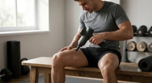 Application d'un pistolet de massage à moins de 100 euros sur les mollets après une séance de course à pied 

