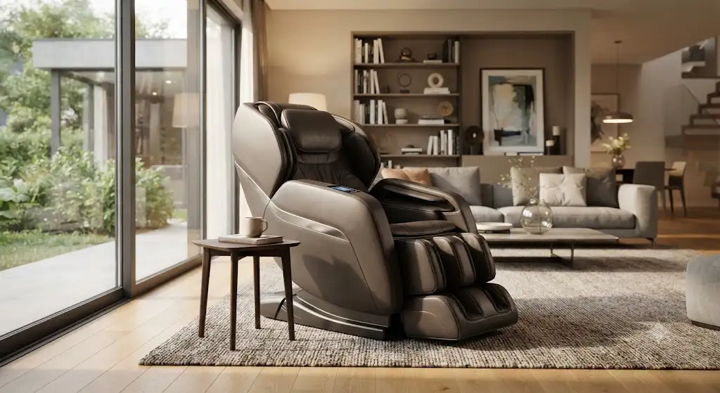 Poltrona massaggiante premium di design moderno posizionata in un elegante soggiorno luminoso.