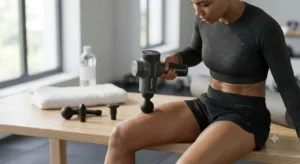 Automassage des cuisses avec un pistolet de massage pour accélérer la récupération après le sport.