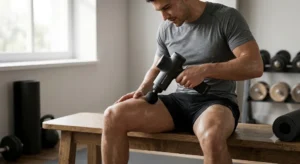Un sportif utilisant un pistolet de massage abordable sur les quadriceps après son entraînement 

