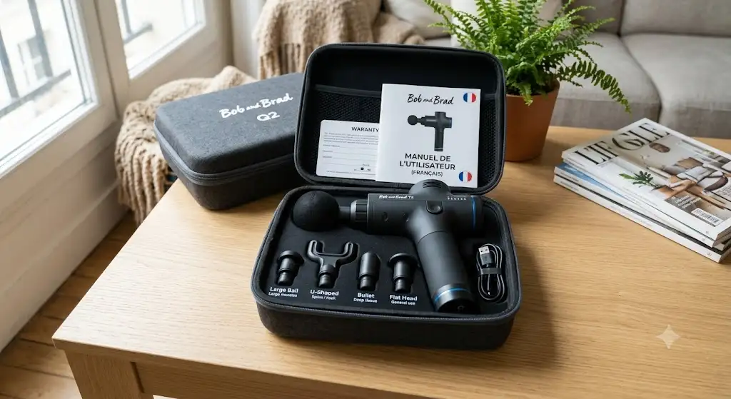 Présentation du bob and brad pistolet de massage avis dans son coffret de transport avec ses accessoires