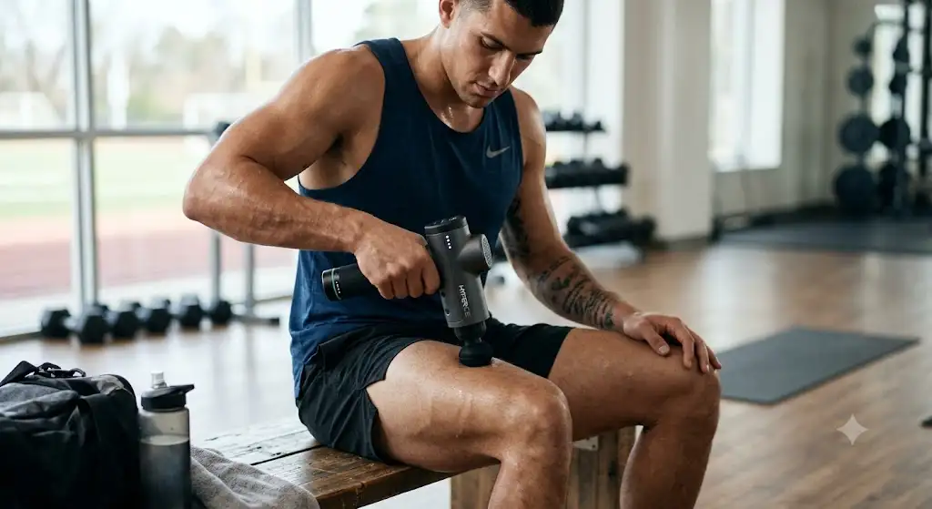 Utilisation d'un pistolet de massage récupération sportive musculaire après un entraînement