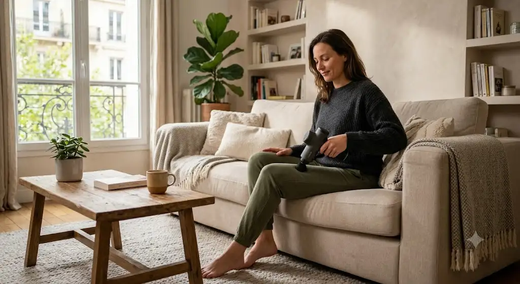 Utilisation d'un pistolet de massage usage domestique confortable dans le salon