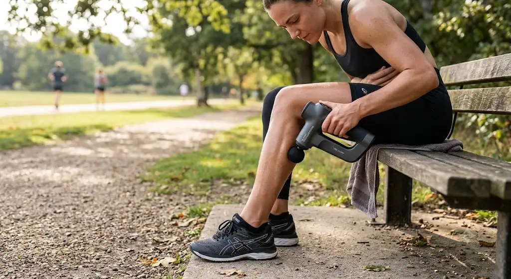 Pistolet de massage silencieux utilise sur les mollets apres une seance de sport pour accelerer la recuperation musculaire
