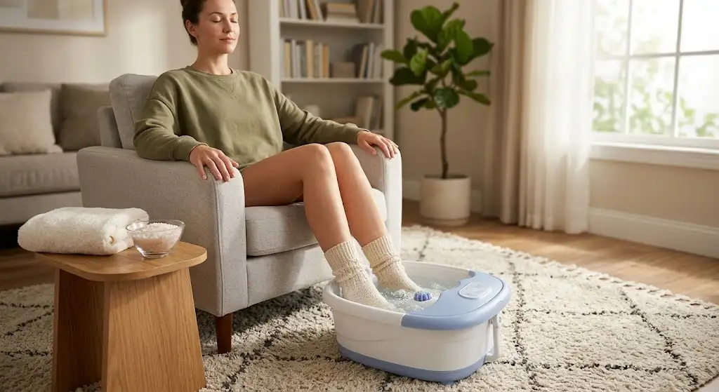 Appareil de bain de pieds hydromassant en utilisation a la maison pour une relaxation complete