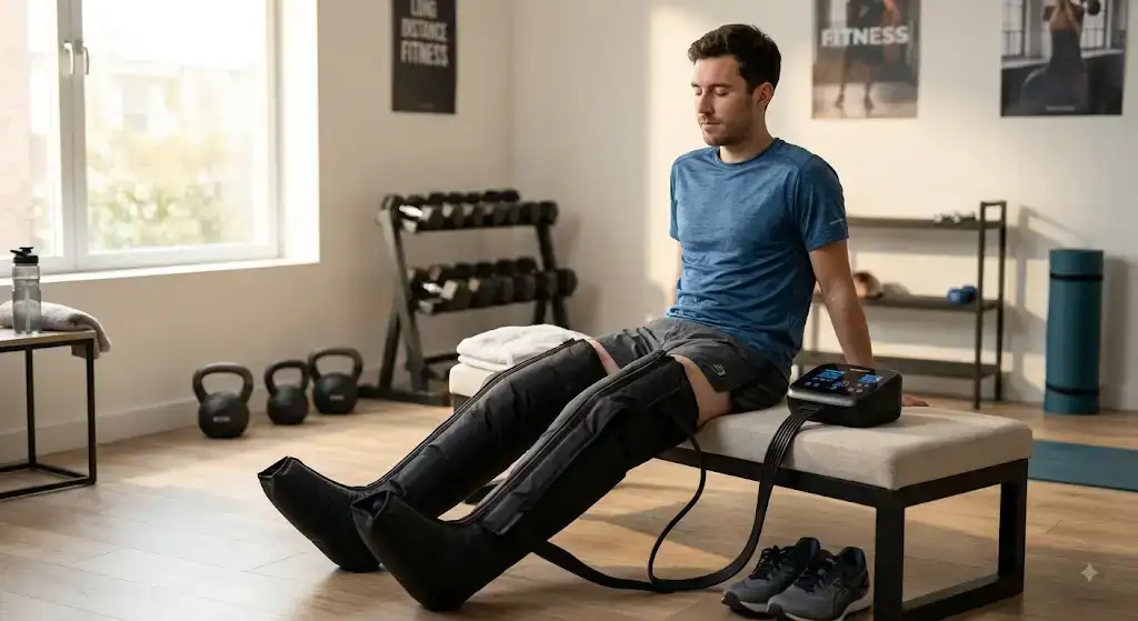 Sportif utilisant des bottes de compression pour la récupération musculaire après une séance de course à pied.bottes de compression récupération