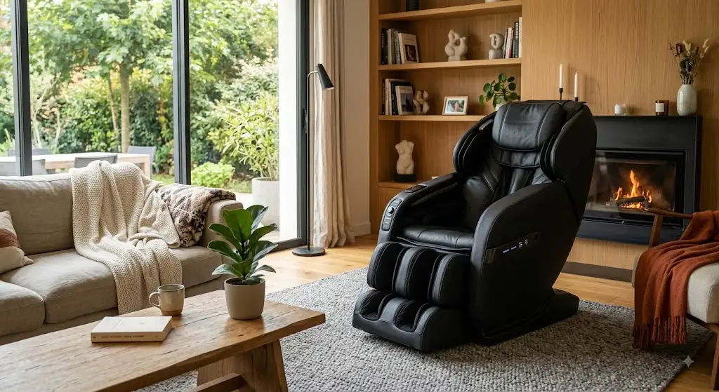 Fauteuil de massage shiatsu en cuir noir installé dans un salon moderne et chaleureux