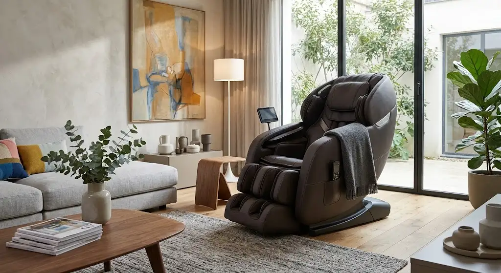 fauteuil de massage zero gravity en cuir haut de gamme installé dans un salon moderne.