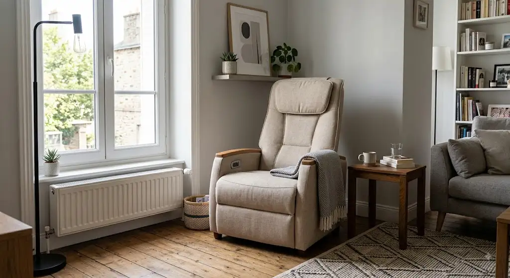 Fauteuil massant compact en tissu beige installé dans un petit salon moderne