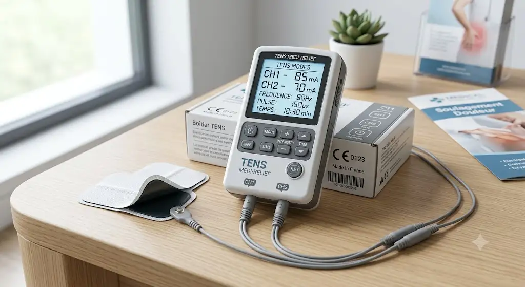 Boîtier d'appareil TENS anti-douleur avec écran numérique et électrodes pour l'électrostimulation médicale. appareil tens anti douleur