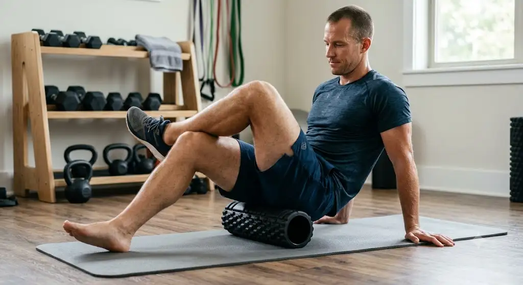 Athlète utilisant un rouleau de massage foam roller pour la récupération musculaire après le sport