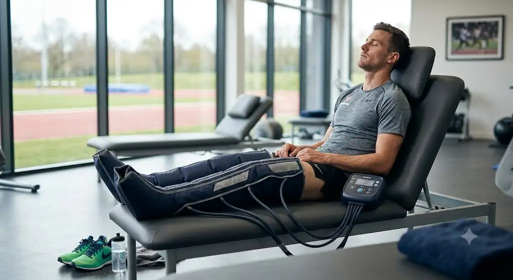 Athlète utilisant des bottes de compression pneumatique pour la récupération musculaire après l'entraînement