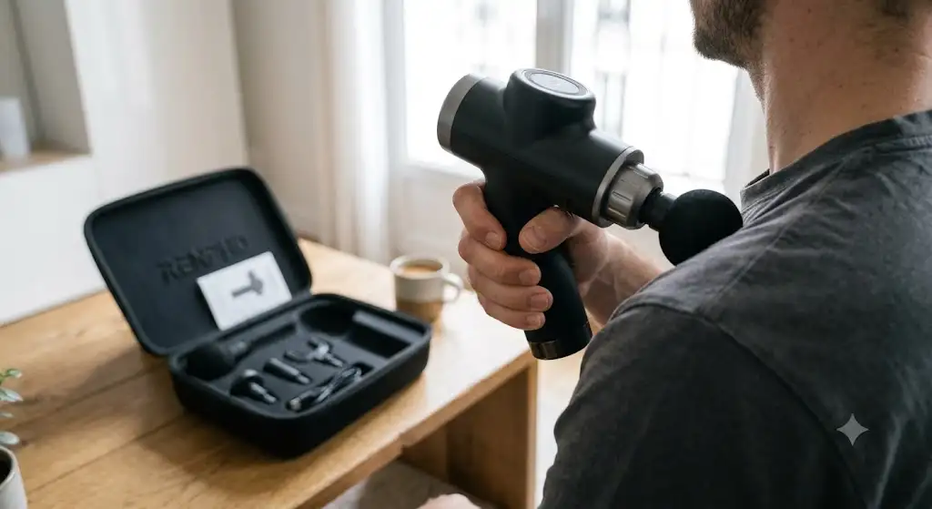 Comprehensive review of the renpho pistolet de massage avis featuring the device inside its official travel carrying case with all accessories.