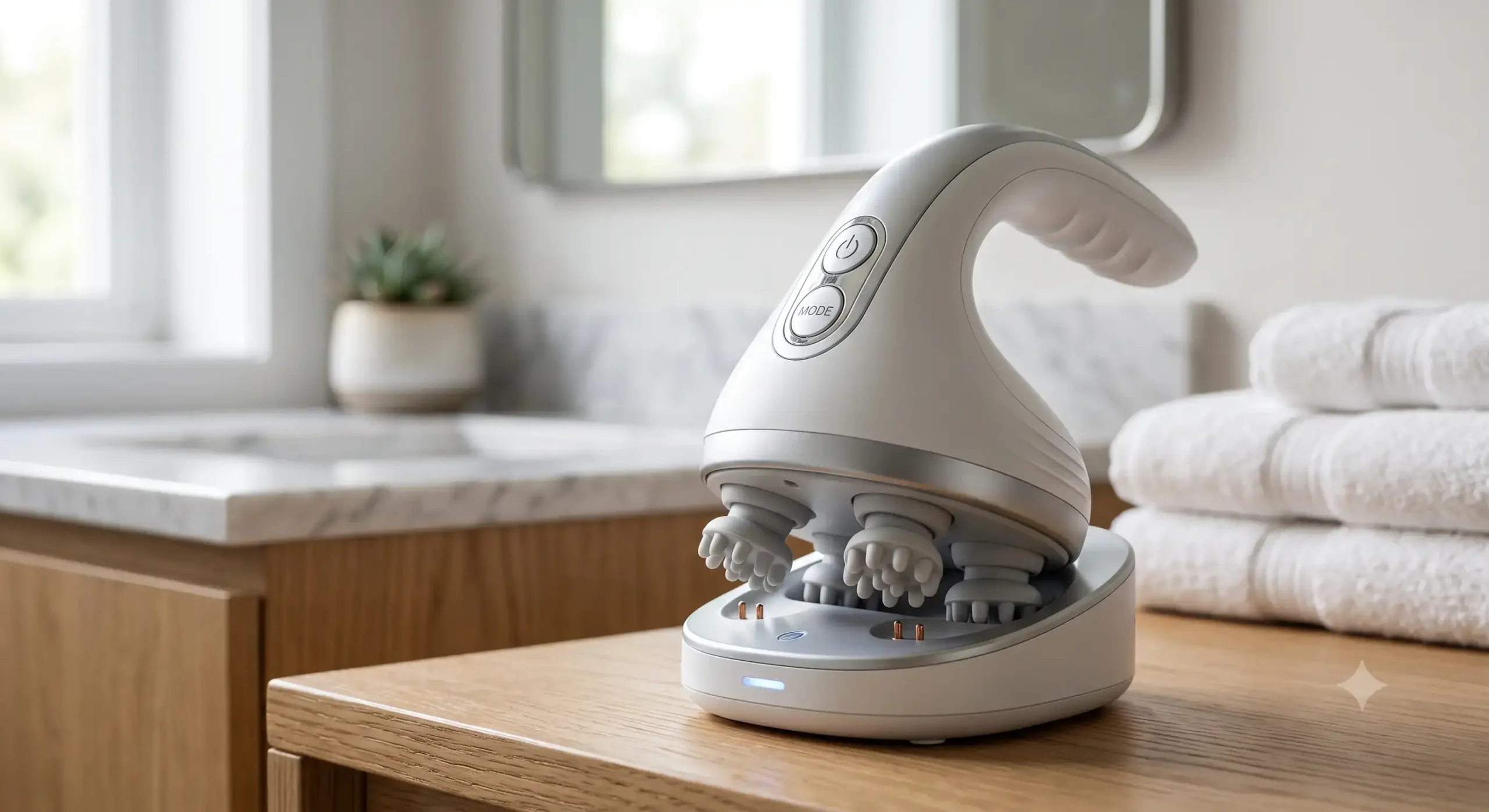 Masseur crânien électrique sans fil au design ergonomique posé sur son socle de charge