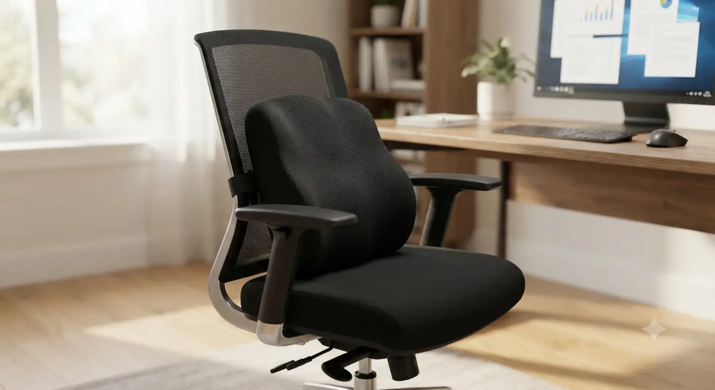 Cuscino lombare per sedia da ufficio ergonomico in memory foam nero posizionato su una sedia da scrivania