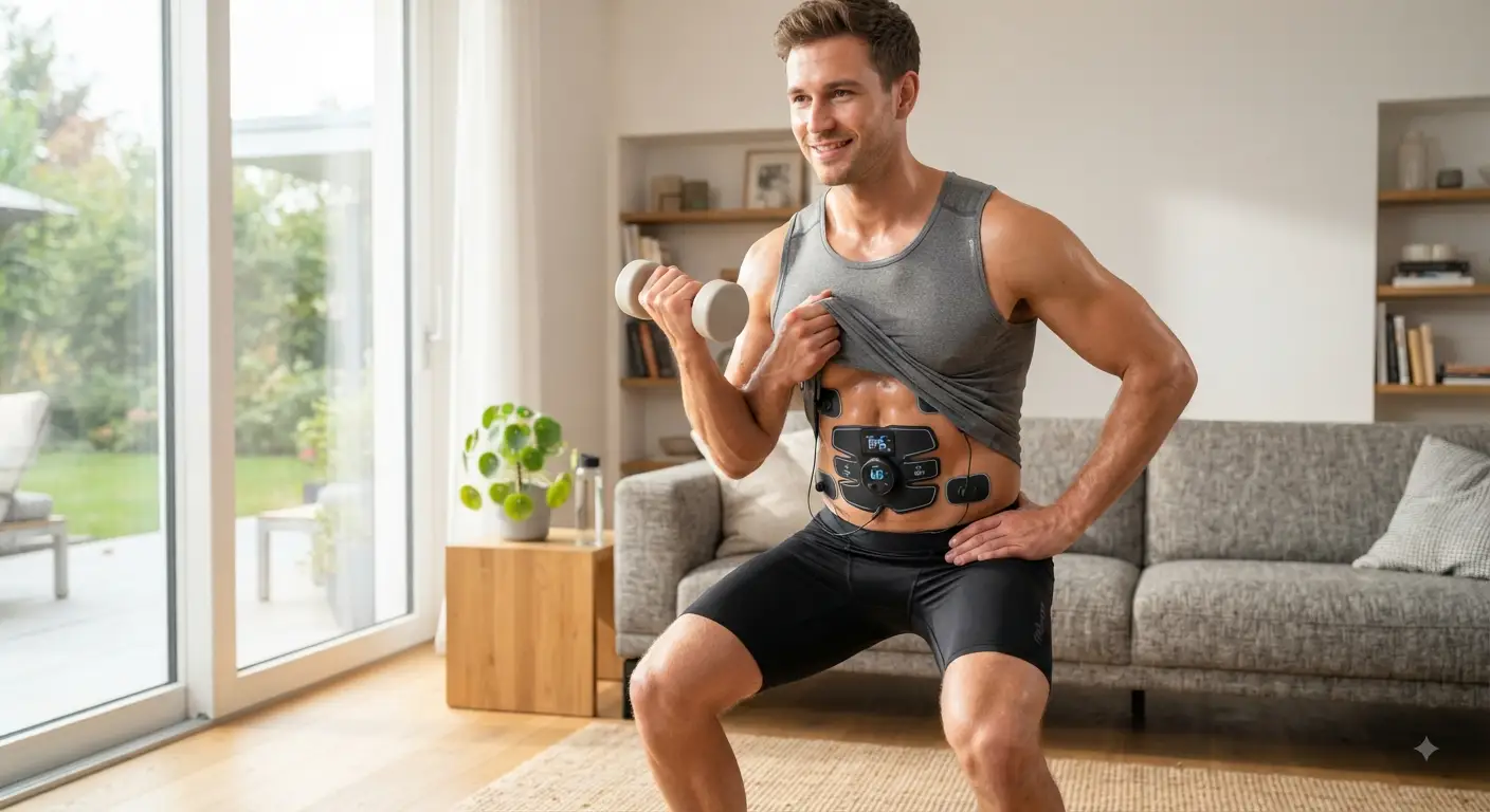 Un uomo in forma e sorridente si allena in un salotto moderno indossando un elettrostimolatore muscolare EMS wireless sull'addome, mostrando gli elettrodi a contatto con la pelle e il display attivo del dispositivo. Luce naturale diurna, alta definizione