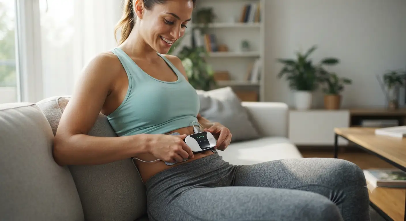 Donna che utilizza un elettrostimolatore muscolare wireless sull'addome per il recupero fisico e il fitness a casa.