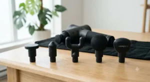 Les différents embouts amovibles fournis avec le pistolet d'auto-massage Hypervolt. 