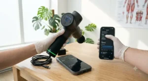 Indicateur de batterie et vitesse réglable du pistolet de massage connecté Hypervolt. 