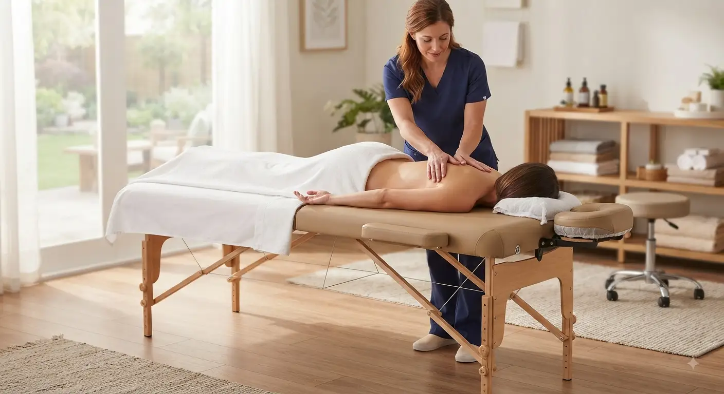 Una terapista professionista esegue un massaggio alla schiena su un lettino da massaggio pieghevole e portatile di colore beige in una luminosa spa. Il lettino è stabile, con poggiatesta regolabile e la struttura in legno è visibile