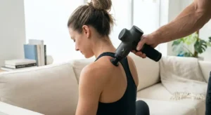 Utilisation du Hypervolt sur le dos et les épaules pour soulager les tensions musculaires. 