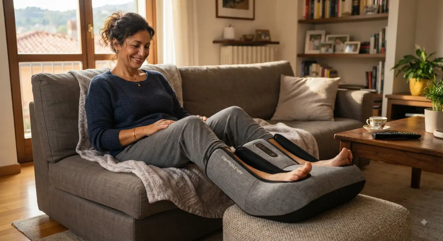 Persona che utilizza un massaggiatore per piedi a compressione d'aria comodamente sul divano di casa
