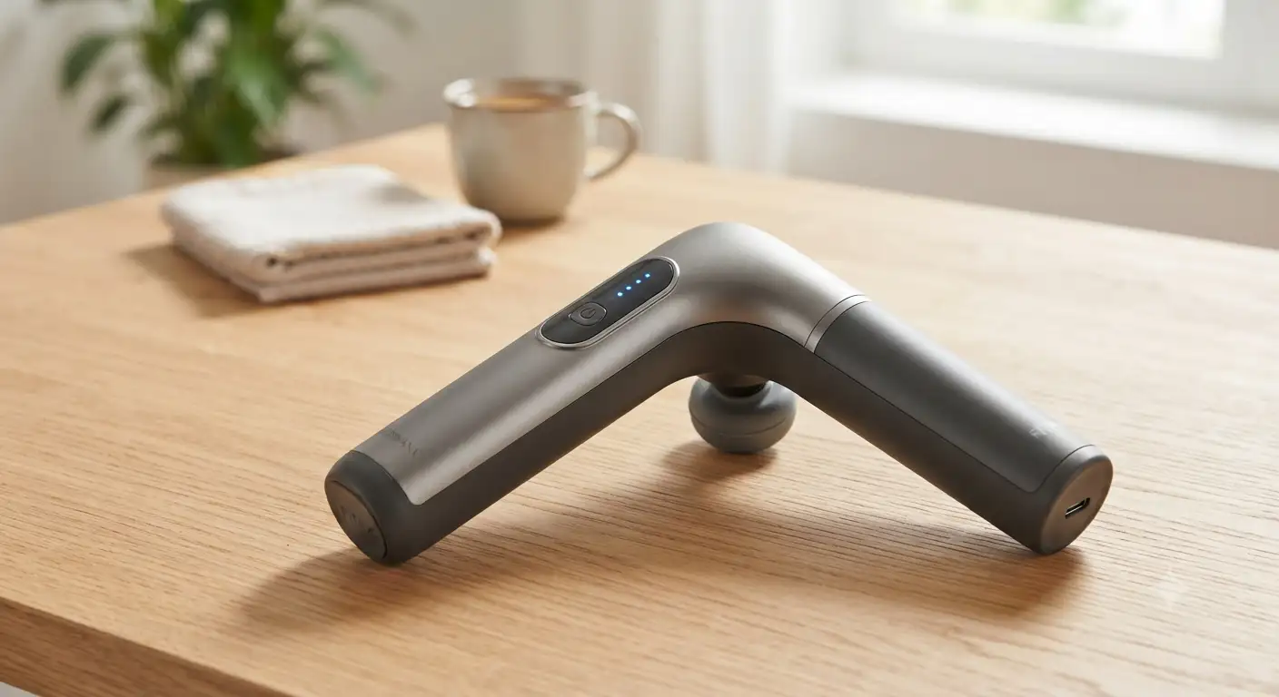 Massaggiatore portatile a mano ergonomico poggiato su una superficie in legno chiaro