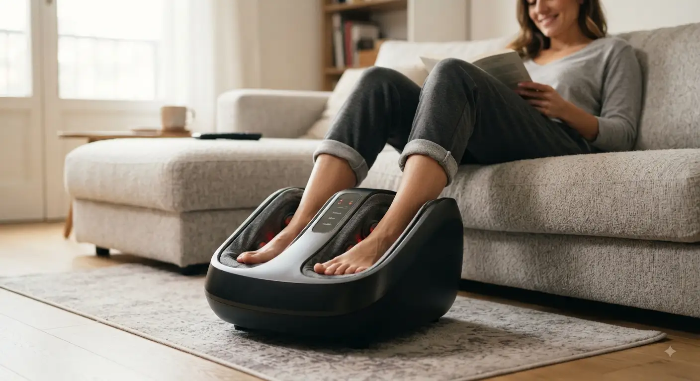 Una persona seduta comodamente su un divano grigio che utilizza un moderno massaggiatore per piedi elettrico nero e grigio mentre guarda la TV in un accogliente soggiorno. Il dispositivo è in funzione sui suoi piedi nudi, evidenziando il design ergonomico e la facilità d'uso per il relax domestico.