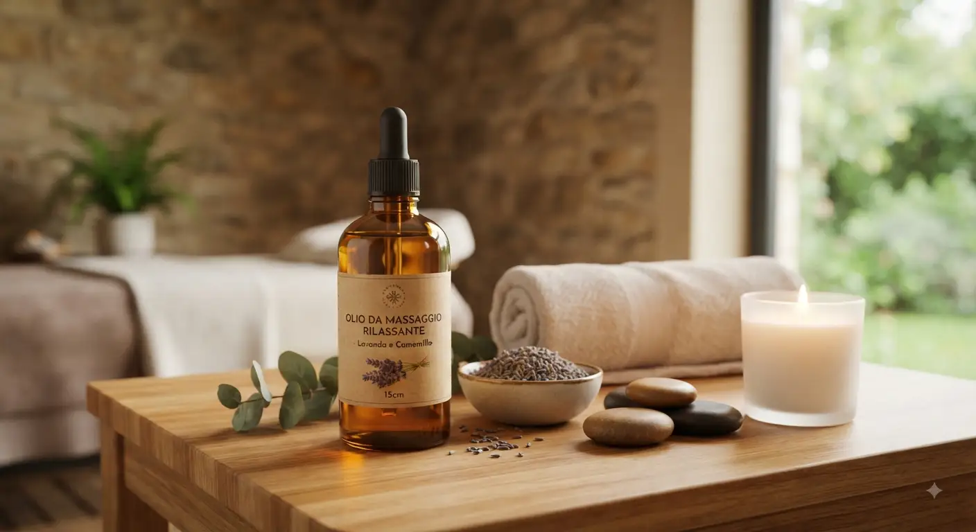 Un flacone di vetro ambrato di olio da massaggio rilassante biologico posizionato su una superficie di legno chiaro, circondato da pietre calde, lavanda essiccata e una candela accesa in un ambiente termale sereno.
