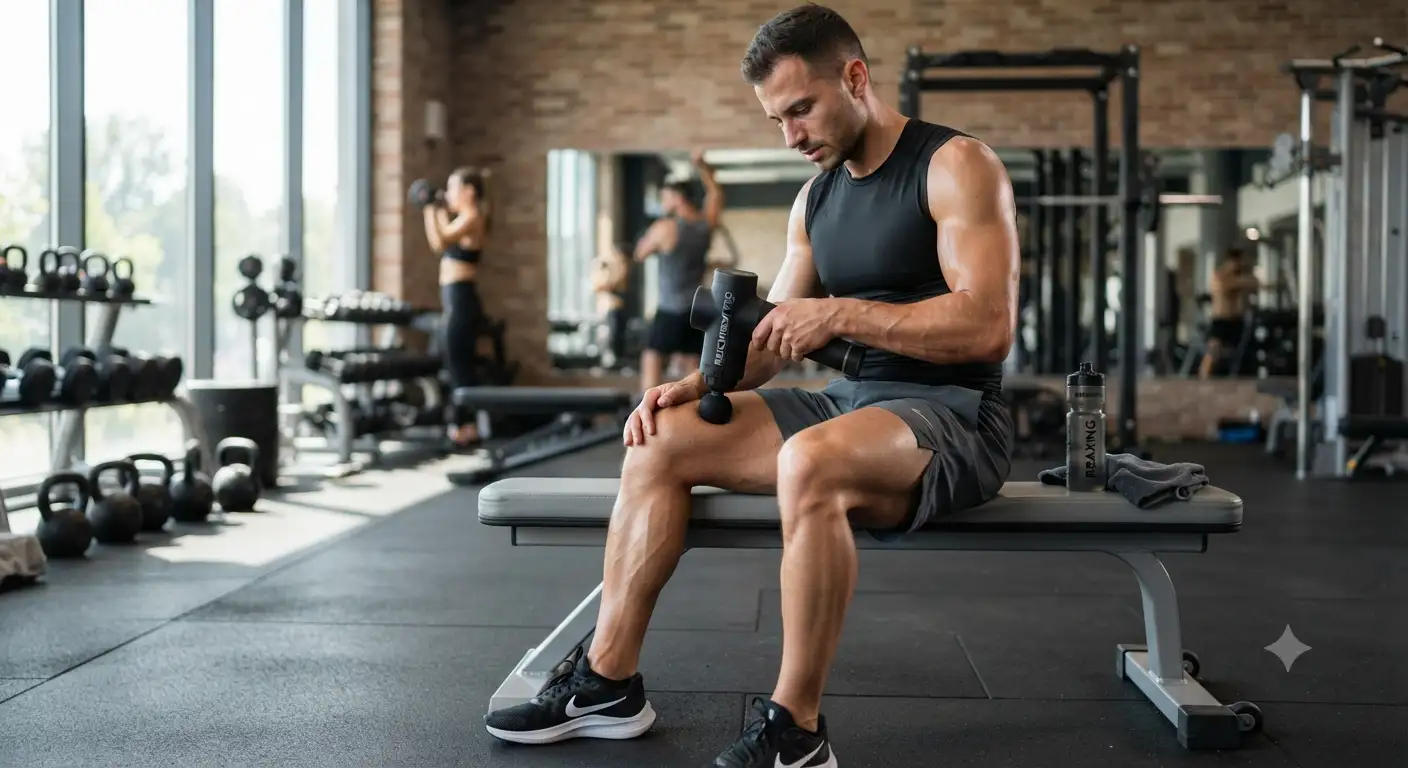 Atleta professionista che utilizza una pistola massaggiante professionale sul quadricipite dopo l'allenamento in palestra.
