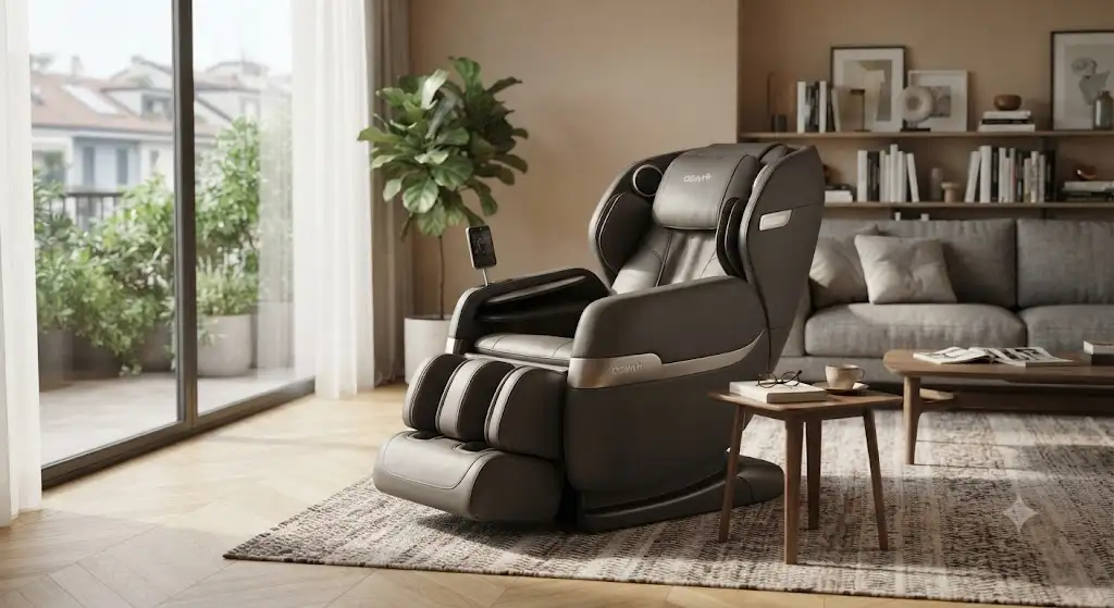 Elegante poltrona massaggiante OSIM dal design moderno inserita nel living di una casa contemporanea.