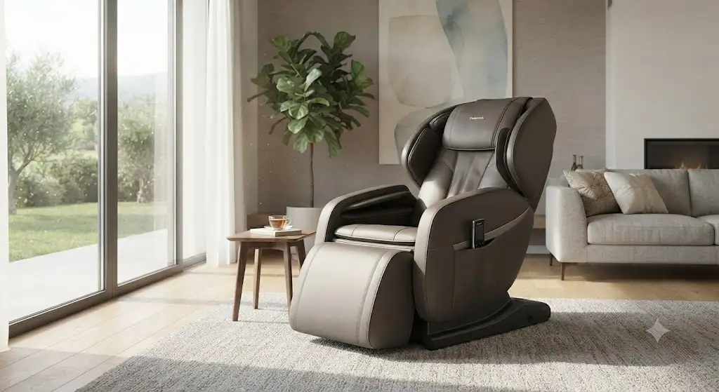 Elegante poltrona massaggiante Panasonic posizionata in un luminoso soggiorno moderno, ideale per il relax quotidiano.
