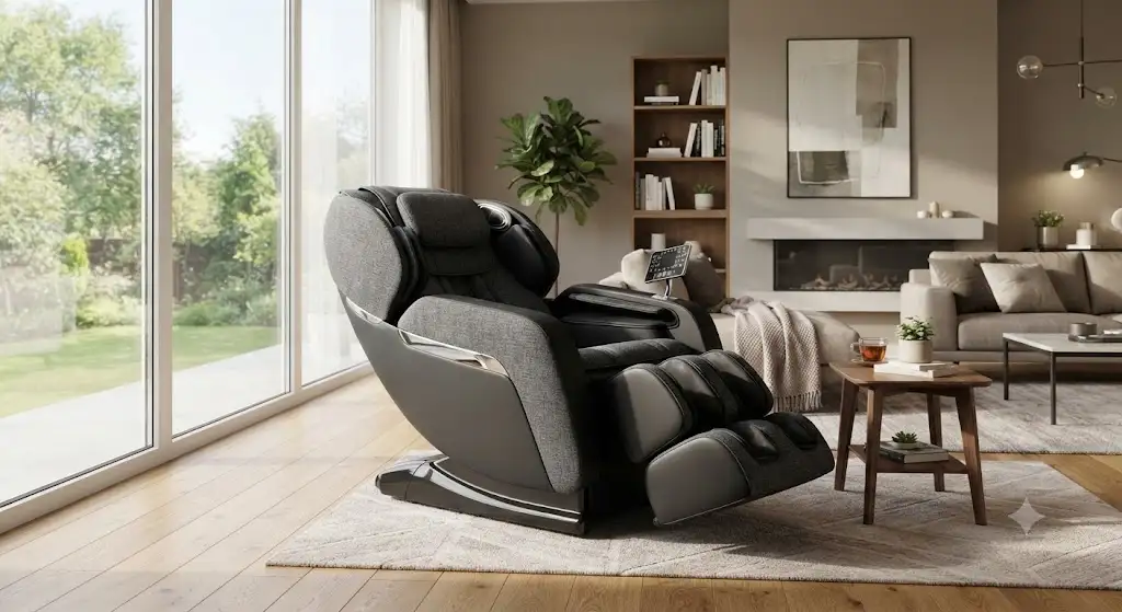 Poltrona massaggiante shiatsu dal design moderno posizionata in un elegante soggiorno luminoso.