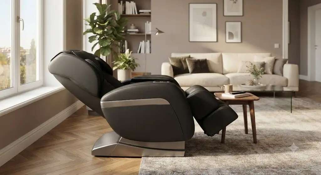 Poltrona massaggiante zero gravity dal design moderno in pelle ecologica nera nel soggiorno di una casa.