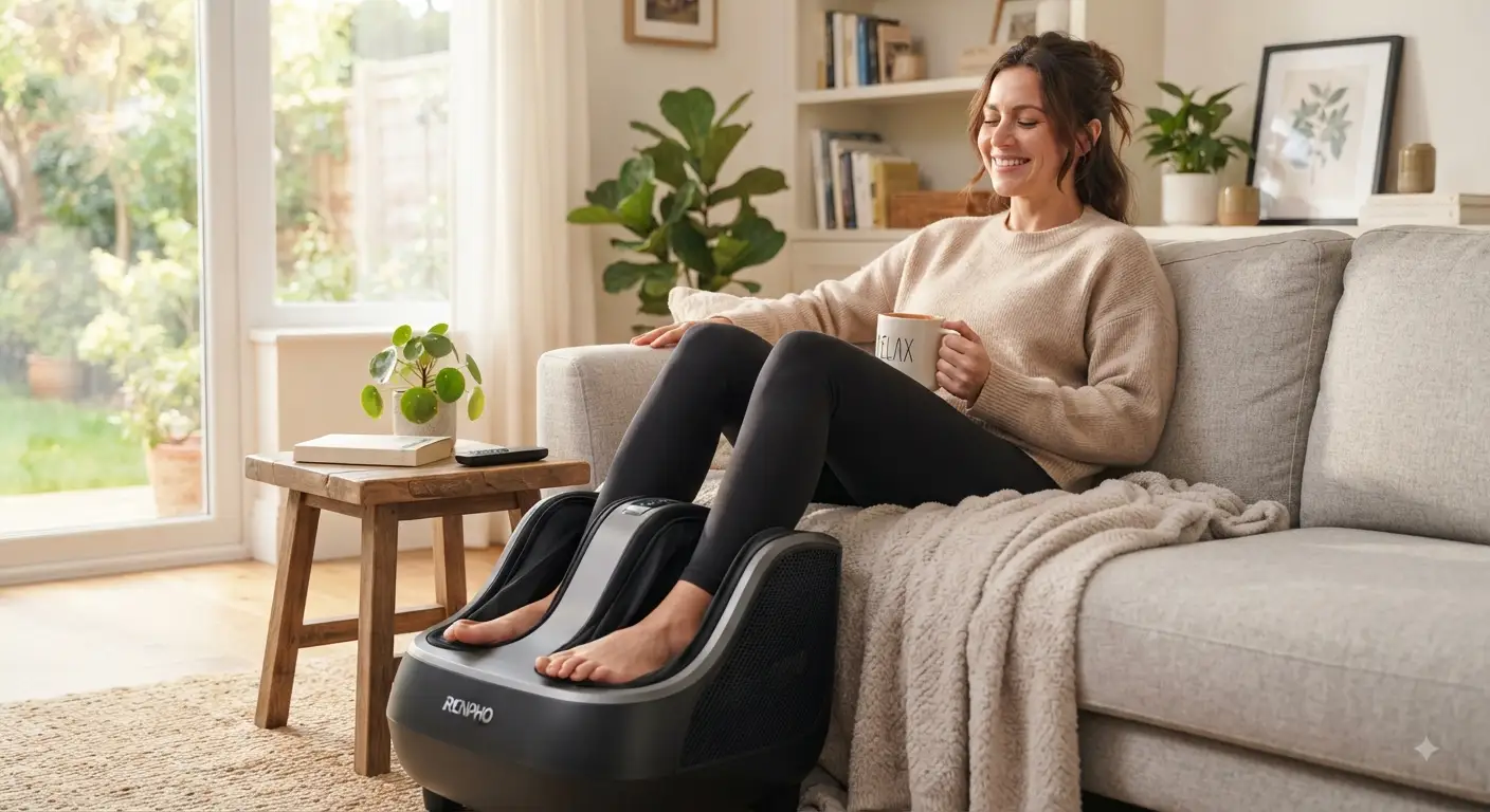 Una persona che si rilassa utilizzando il massaggiatore per piedi RENPHO in un ambiente domestico confortevole con luce naturale